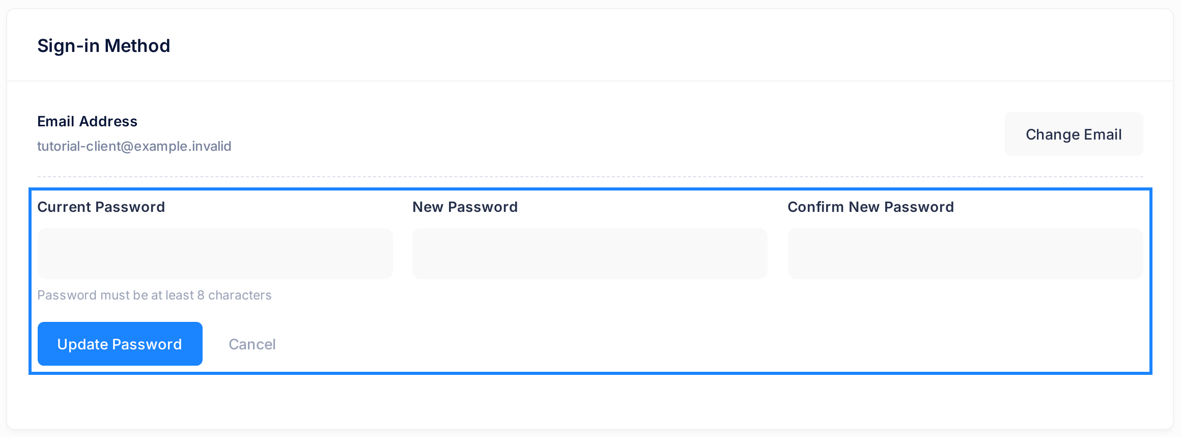 The open password form in the Sign-in Method card: the empty fields Current Password, New Password and Confirm New Password, the hint Password must be at least 8 characters, and the buttons Update Password and Cancel.