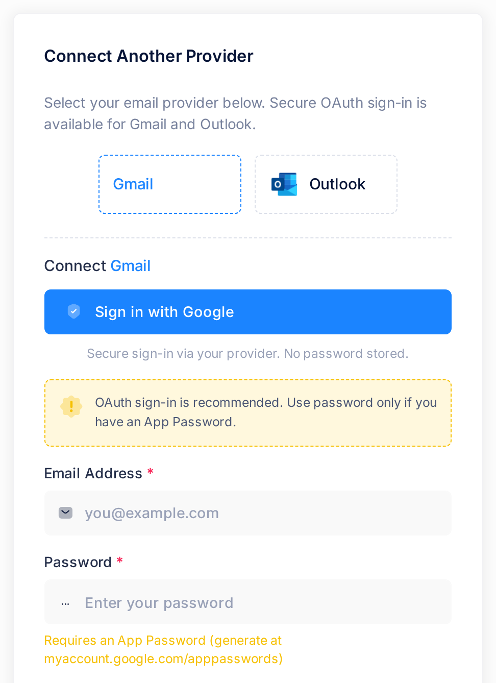 The card Connect Another Provider on the page Connect Email Account with the button Gmail pressed: the heading Connect Gmail, the wide blue button Sign in with Google and, under it, the empty boxes Email Address and Password.