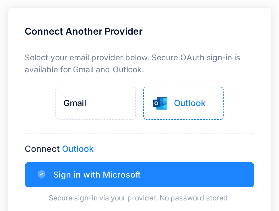 The card Connect Another Provider on the page Connect Email Account with the button Outlook pressed: the heading Connect Outlook and one wide blue button, Sign in with Microsoft, with no boxes for an address or a password.