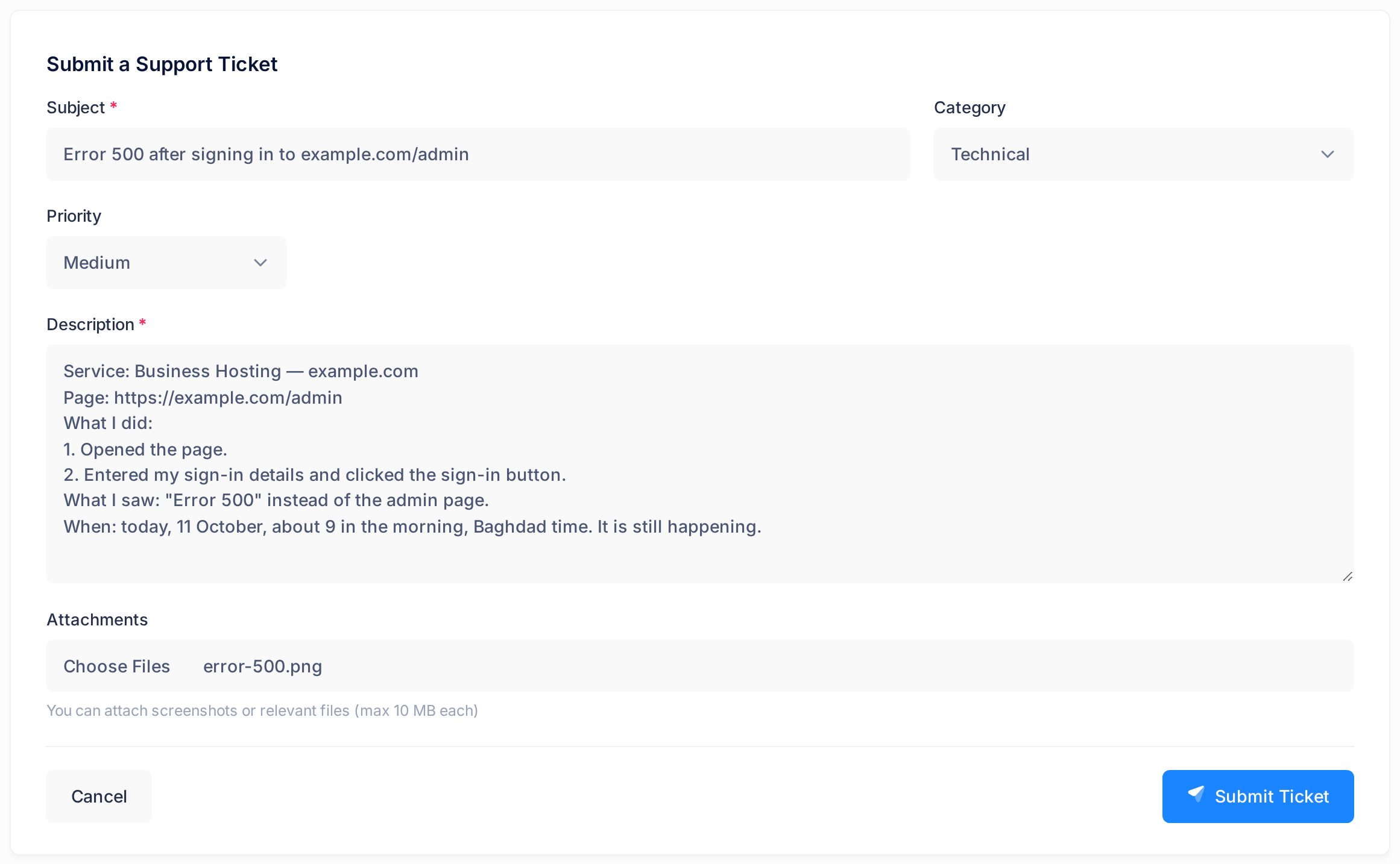 The Submit a Support Ticket form filled in with the example report: a subject that names the error and the address, the category Technical, the priority Medium, a description in short lines, and one picture attached.