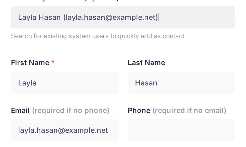 The same form after the line was clicked: the search box reads Layla Hasan (layla.hasan@example.net), First Name, Last Name and Email are filled in from the account, and Phone is empty