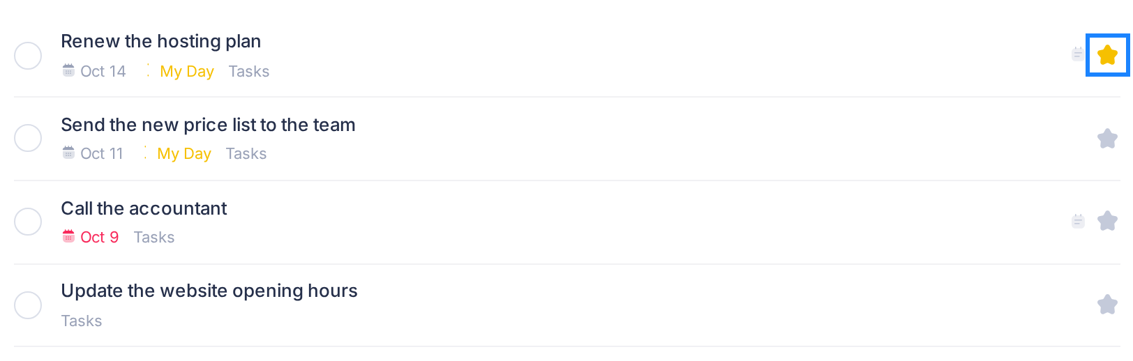 Four task rows of the list Tasks in Todo. Each row ends with a star: yellow and outlined on Renew the hosting plan, grey on the other three.