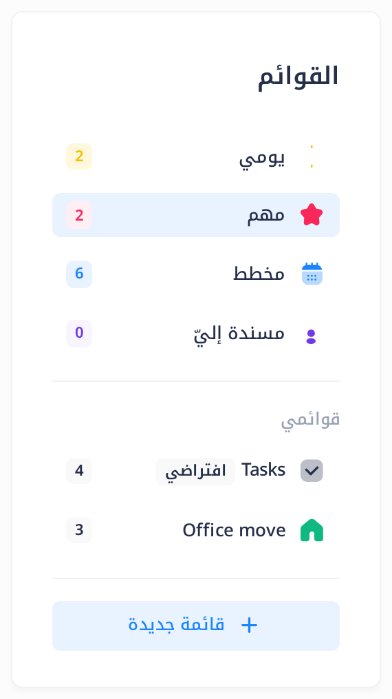 بطاقة «القوائم» في Todo: «يومي»، ثم «مهم» وعليه أيقونة نجمة والرقم 2، وهو مظلَّل ومحاط بإطار، ثم «مخطط» و«مسندة إليّ»، وتحتها القائمتان Tasks و Office move.