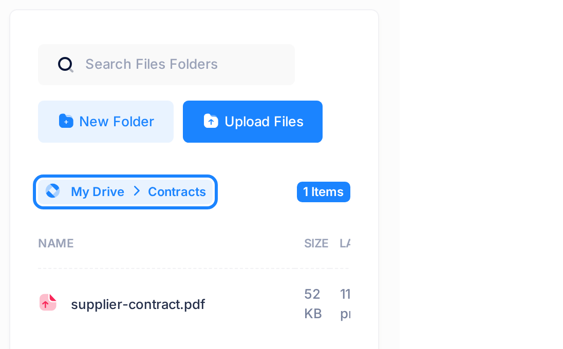 The folder Contracts open on a phone: the path line reads My Drive, then Contracts, with the count 1 Items at its other end; below it the list holds one file, supplier-contract.pdf.