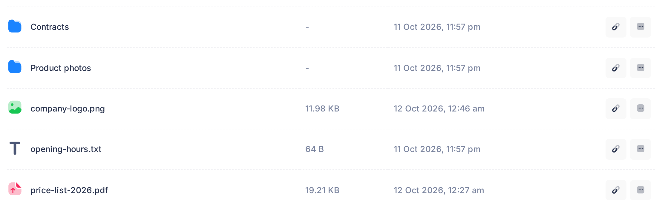 My Drive after one click on the heading NAME: a small arrow beside NAME, and the two folders mixed in with the three files in A-to-Z order of their names.
