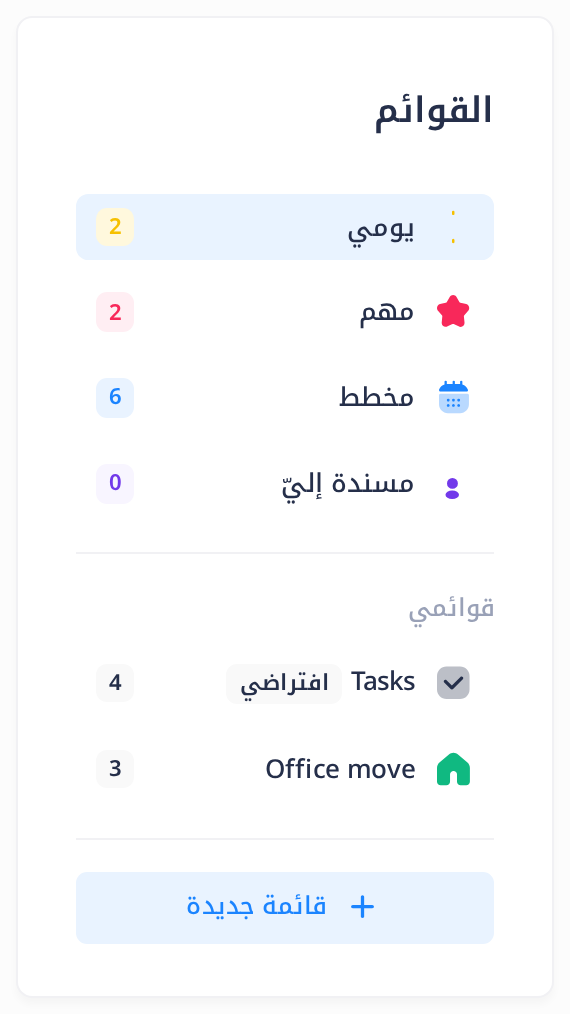 بطاقة «القوائم» في Todo: أربعة عروض جاهزة، ثم تحت «قوائمي» القائمة Tasks ومعها الشارة «افتراضي» والرقم 4، والقائمة Office move ولها أيقونة خضراء والرقم 3، وهما محاطتان بإطار؛ والزر «قائمة جديدة» في أسفل البطاقة.