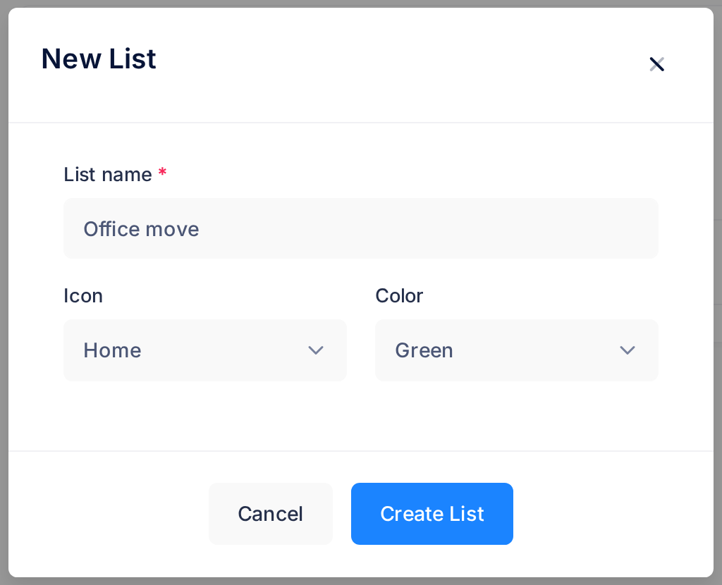 The New List dialog of Todo with the name Office move typed in List name, Home chosen under Icon and Green chosen under Color, above the buttons Cancel and Create List.