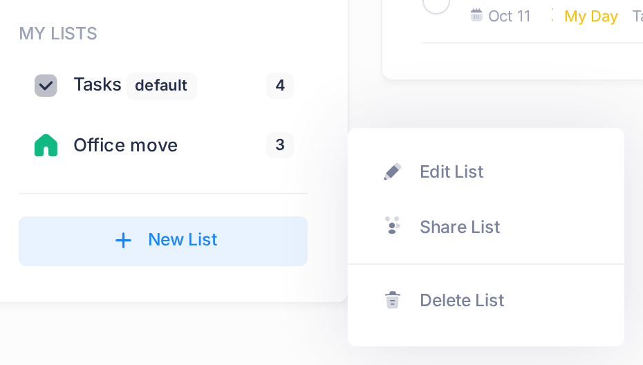 The MY LISTS part of the Lists card in Todo with the right-click menu open on the list Office move; the menu lists Edit List, Share List and, in red, Delete List.