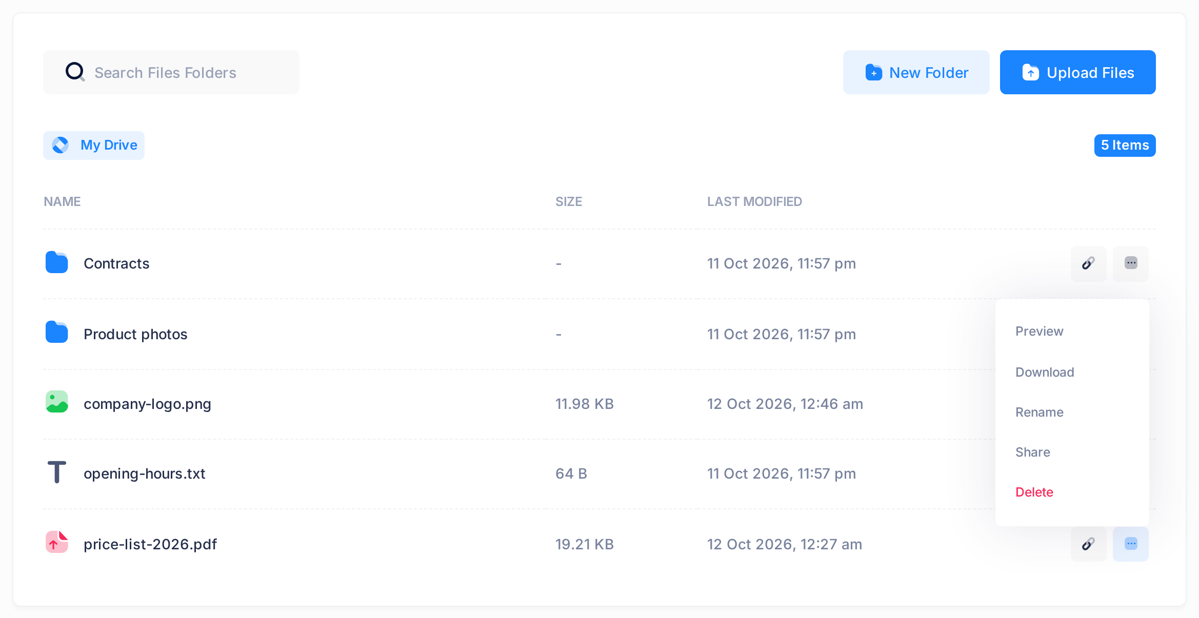 The file list of Drive with the menu of price-list-2026.pdf open at the end of its row: the small square button with three dots and the menu entry Download are outlined; the menu also lists Preview, Rename, Share and Delete.