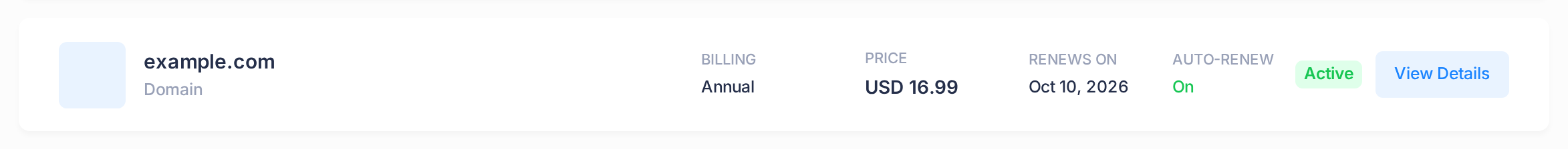 One subscription card in My Subscriptions with the status badge Active, the RENEWS ON date, AUTO-RENEW On and the View Details button
