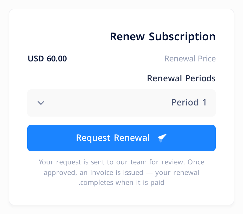 بطاقة Renew Subscription وفيها Renewal Price بقيمة USD 60.00 وقائمة Renewal Periods وزر Request Renewal
