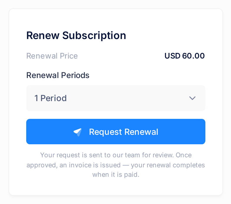 The Renew Subscription card with Renewal Price USD 60.00, the Renewal Periods list and the Request Renewal button