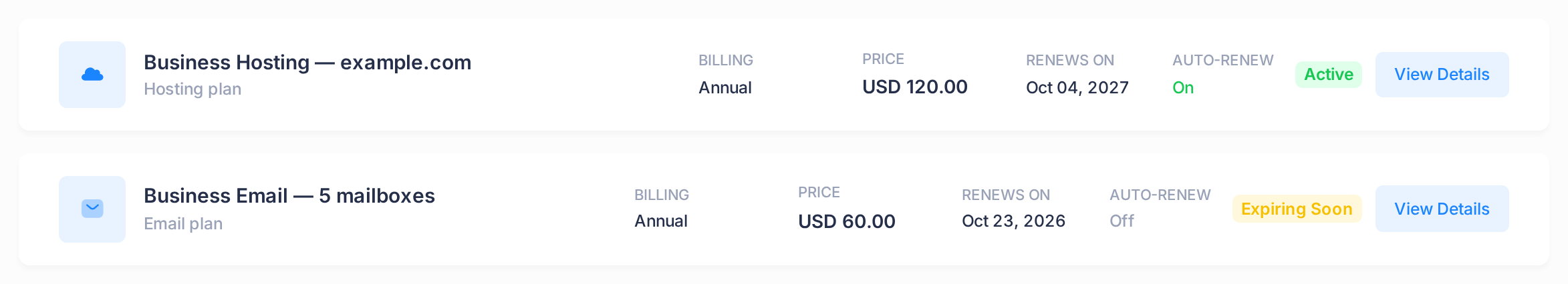 Two subscription cards on the My Subscriptions list: one with the AUTO-RENEW field showing On, one showing Off.