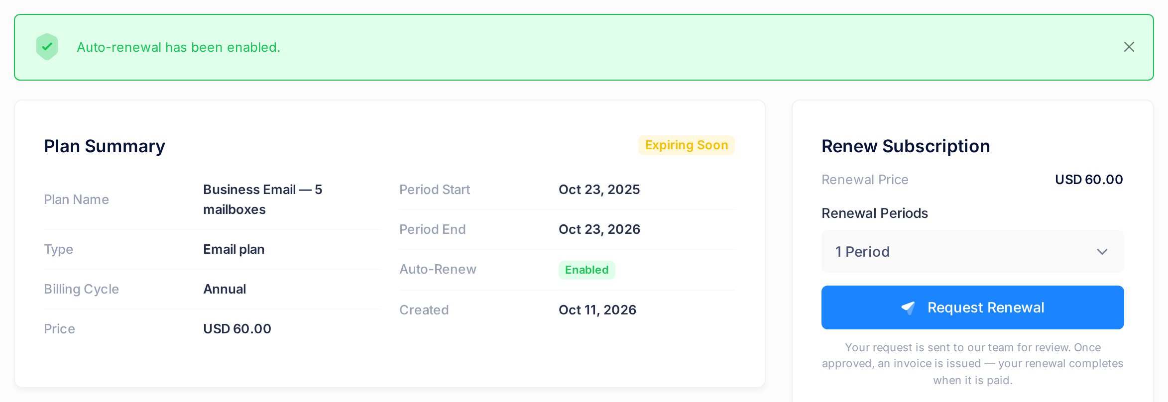 The message Auto-renewal has been enabled above the Plan Summary card, where the Auto-Renew row shows Enabled.