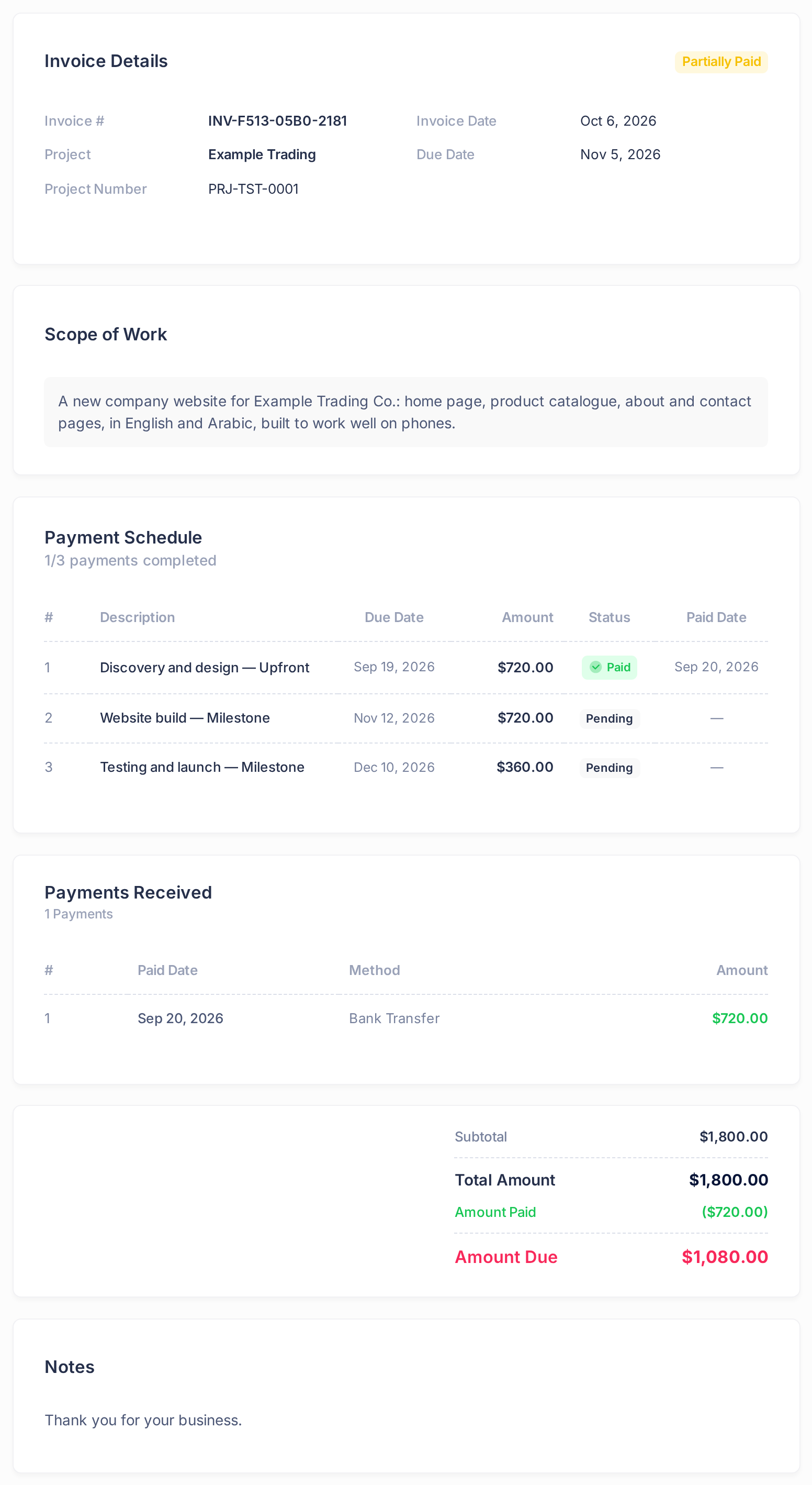 The project invoice page: the card Invoice Details with the status and the invoice reference, Scope of Work, the Payment Schedule with one of three payments completed, Payments Received with one bank transfer, and the totals ending in Amount Due