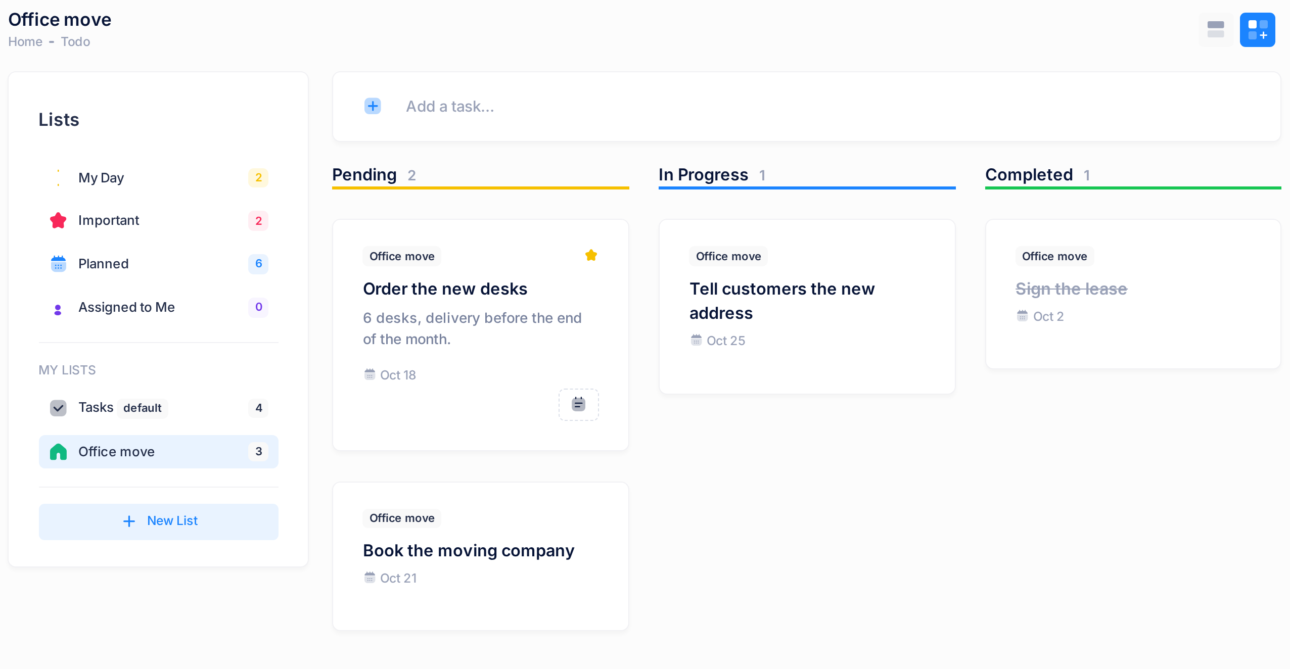 The Todo page with the list Office move shown as a Kanban board: the two view buttons at the end of the heading's row and three columns — Pending with two cards, In Progress with one, Completed with one.