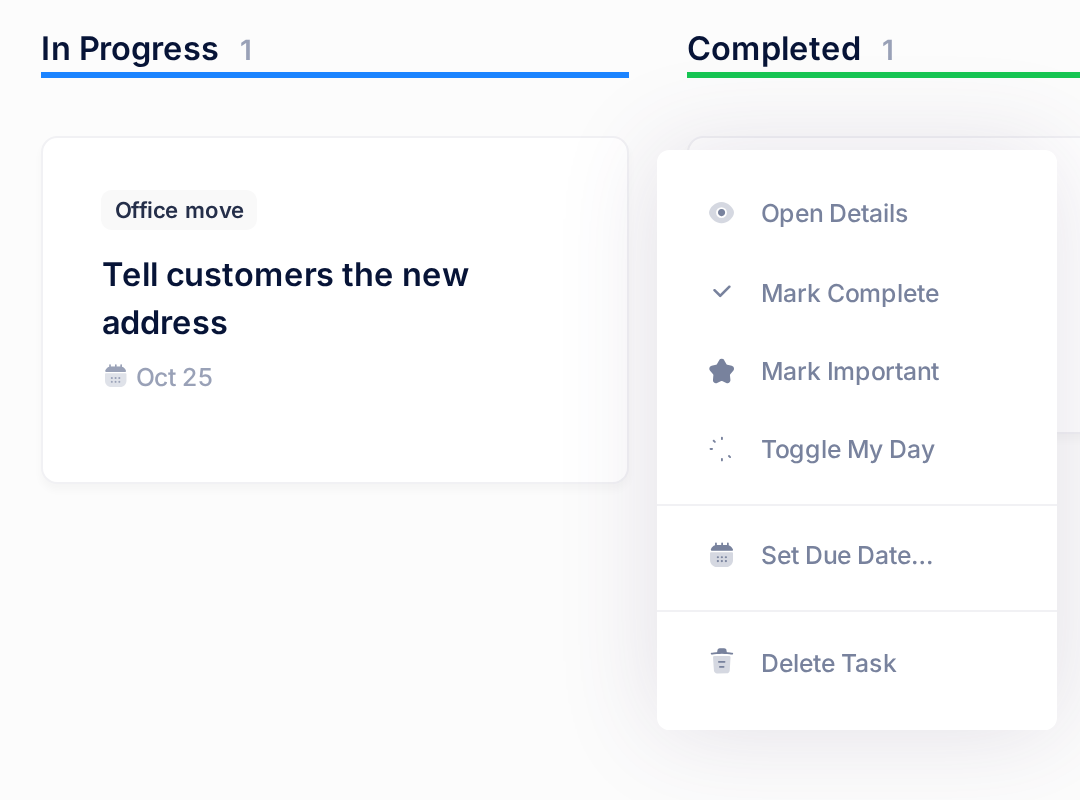 The menu that opens with a right-click on a card of the board, with the items Open Details, Mark Complete, Mark Important, Toggle My Day, Set Due Date and Delete Task.