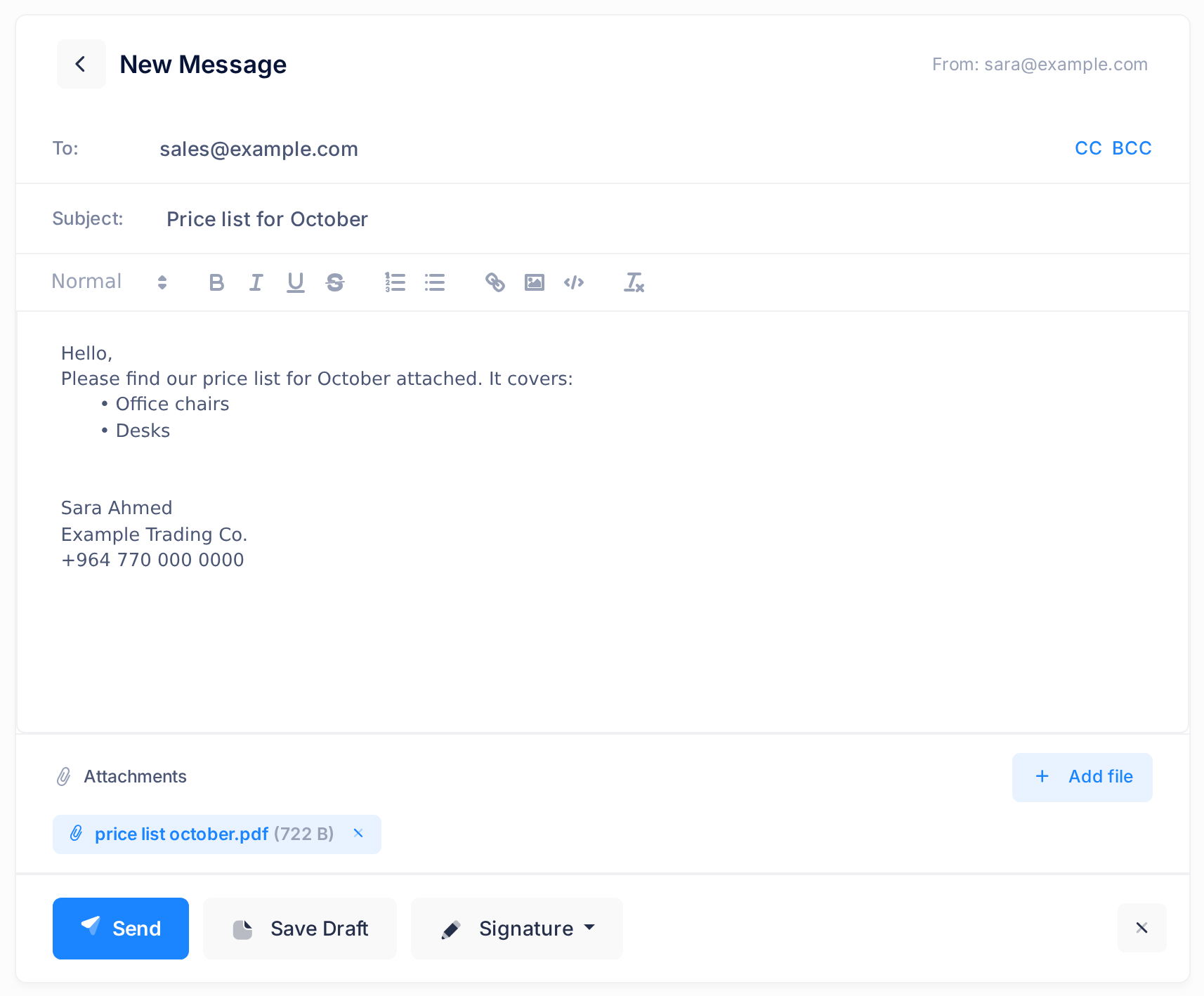 The New Message page in Mail with an address in To, a subject, a short text with a bullet list, one attached file shown as a label, and the buttons Send and Save Draft at the foot
