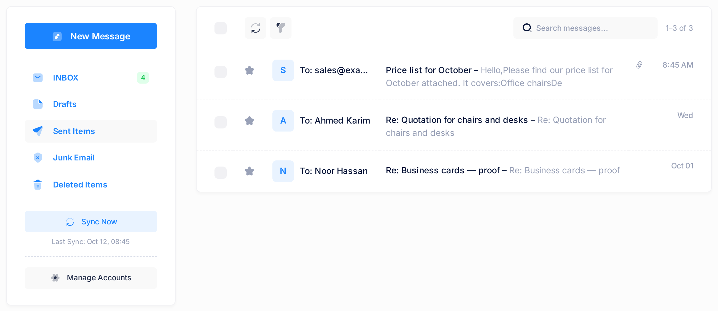 The Sent Items folder in Mail, where each line starts with To: and the name or address the message was sent to